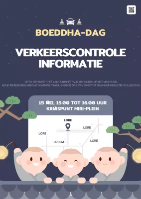 Marineblauw en grijs bericht verkeersafsluiting Boeddha-dag