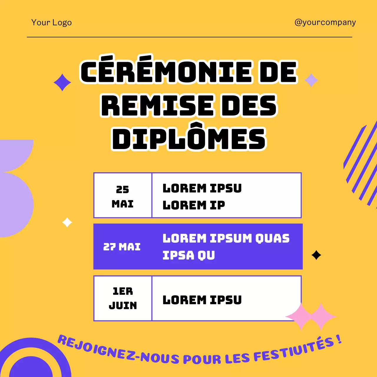 Publicité pour la saison des remises de diplômes en bleu et jaune