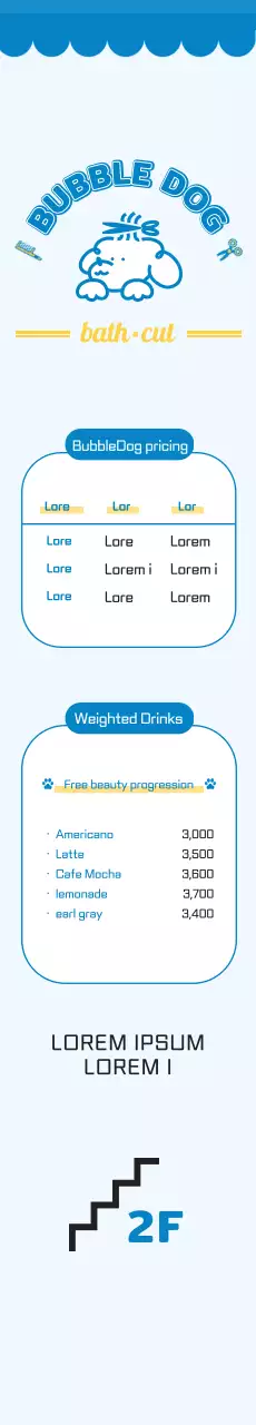 2024 Desain spanduk penunjuk arah dengan daftar harga hewan peliharaan salon perawatan menggunakan ilustrasi anak anjing dan font yang lucu untuk penitipan anjing