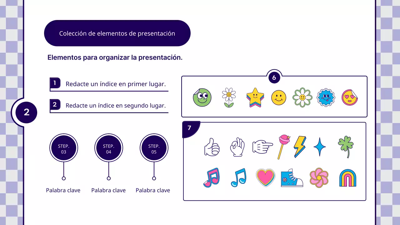 Prospecto con pegatinas violetas y amarillas kitsch