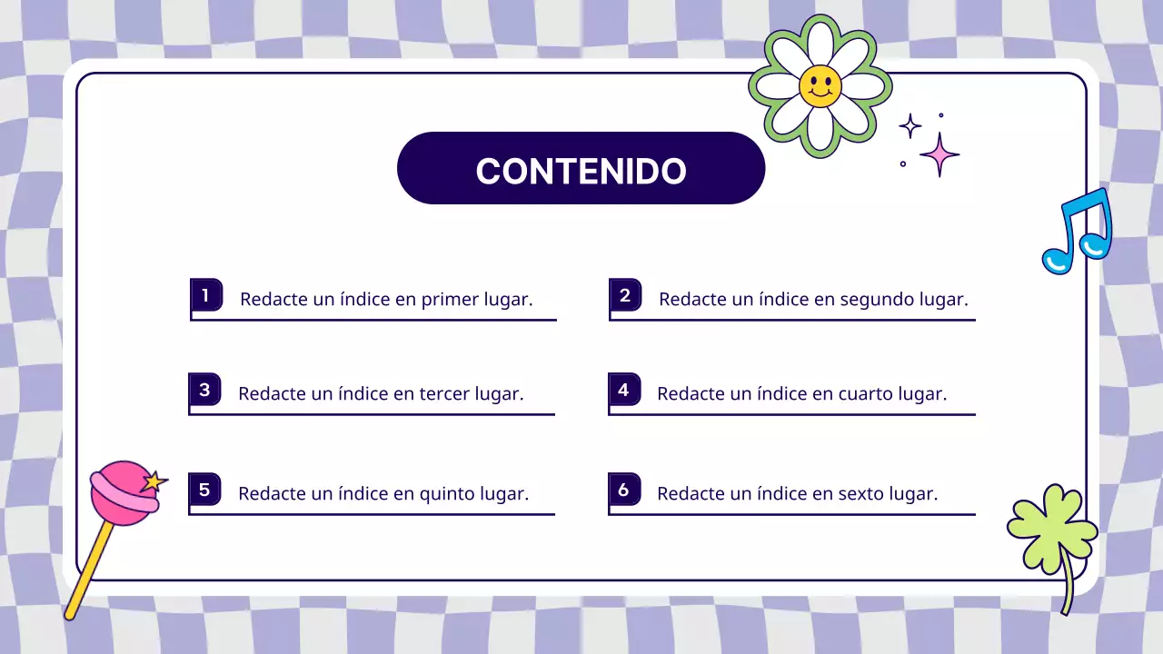 Prospecto con pegatinas violetas y amarillas kitsch