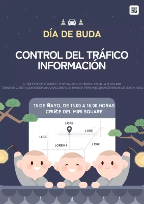 Aviso de cierre del tráfico por el Día de Buda en azul marino y gris