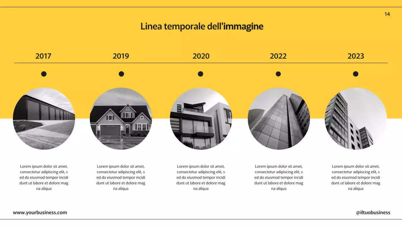 Pagine di presentazione aziendale moderne giallo nero con vari layout