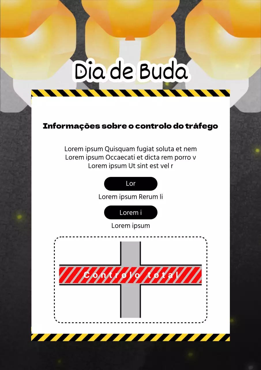 Aviso amarelo e preto de restrição de trânsito no Dia do Buda moderno