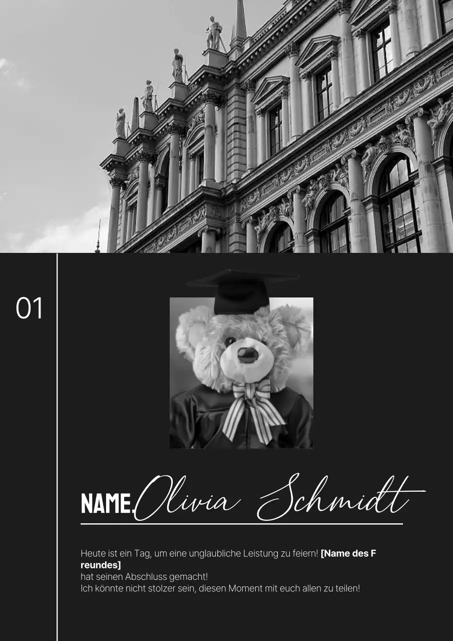 Kitschige Promotion für den Schulabschluss in Schwarz-Weiß und Schwarz