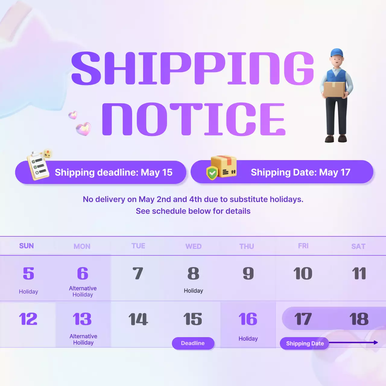 Purple Modern Shipping Notice Social Media Post