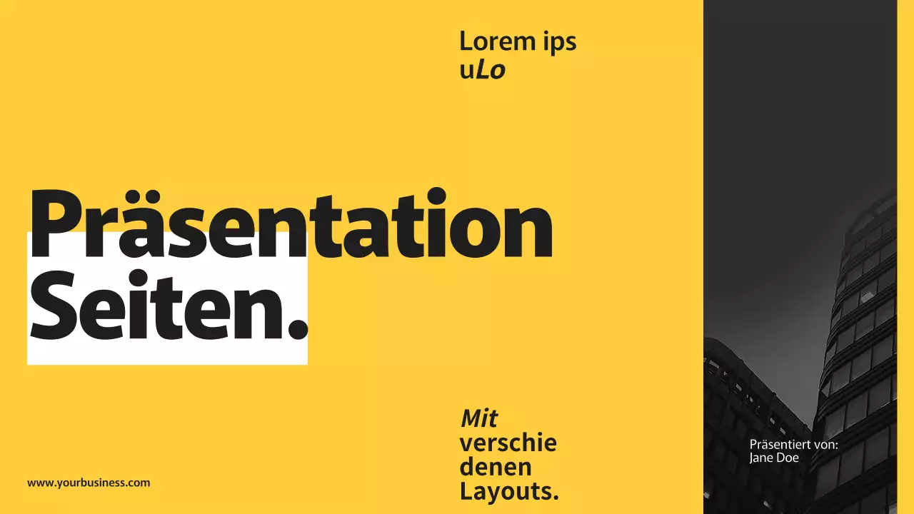 Schwarzgelbe moderne Geschäftspräsentationsseiten mit verschiedenen Layouts