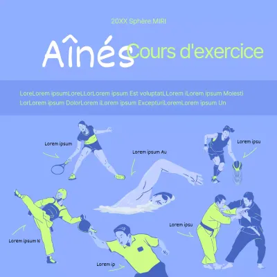 Publicité minimaliste pour un cours d'exercices pour seniors en vert et bleu.