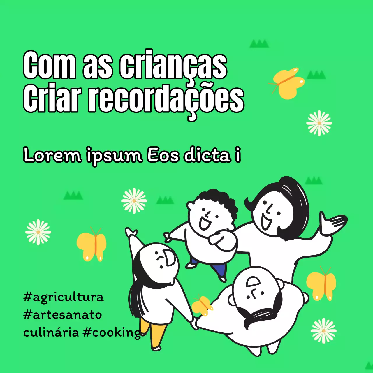 Anúncios sobre as actividades familiares do Mês da Família de maio em tons de verde e amarelo