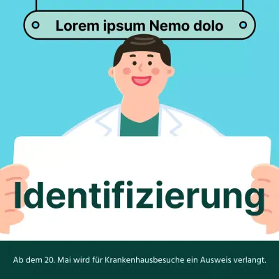Grünes und hellblaues modernes Krankenhaus, das daran erinnert, den Personalausweis zum Krankenhausbesuch mitzubringen