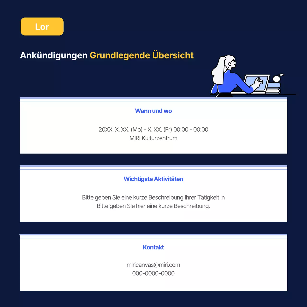 Ankündigungen mit einem einfachen Tisch in Marineblau und Gelb