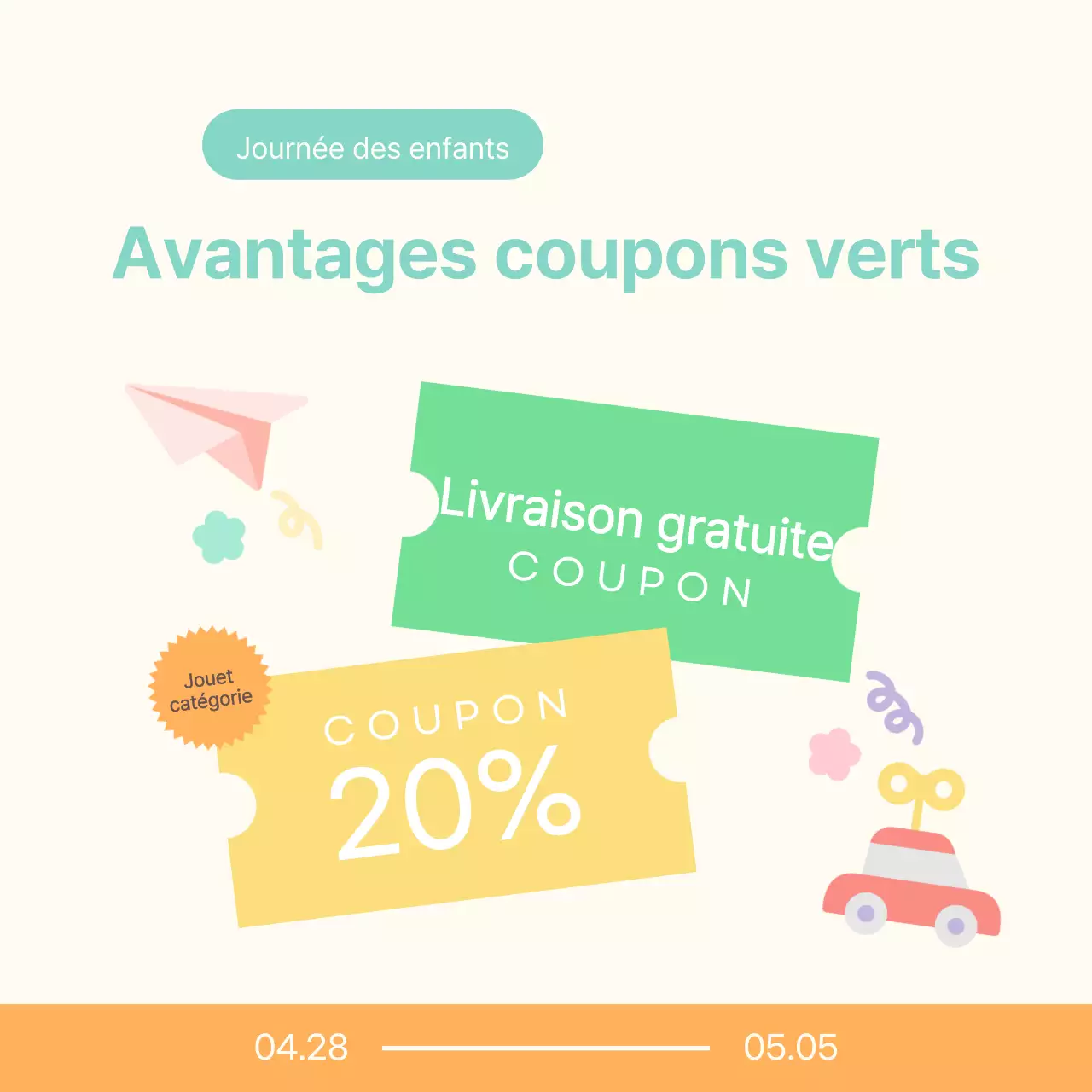 Faites la promotion d'une jolie journée des enfants dans un centre commercial en ivoire et orange