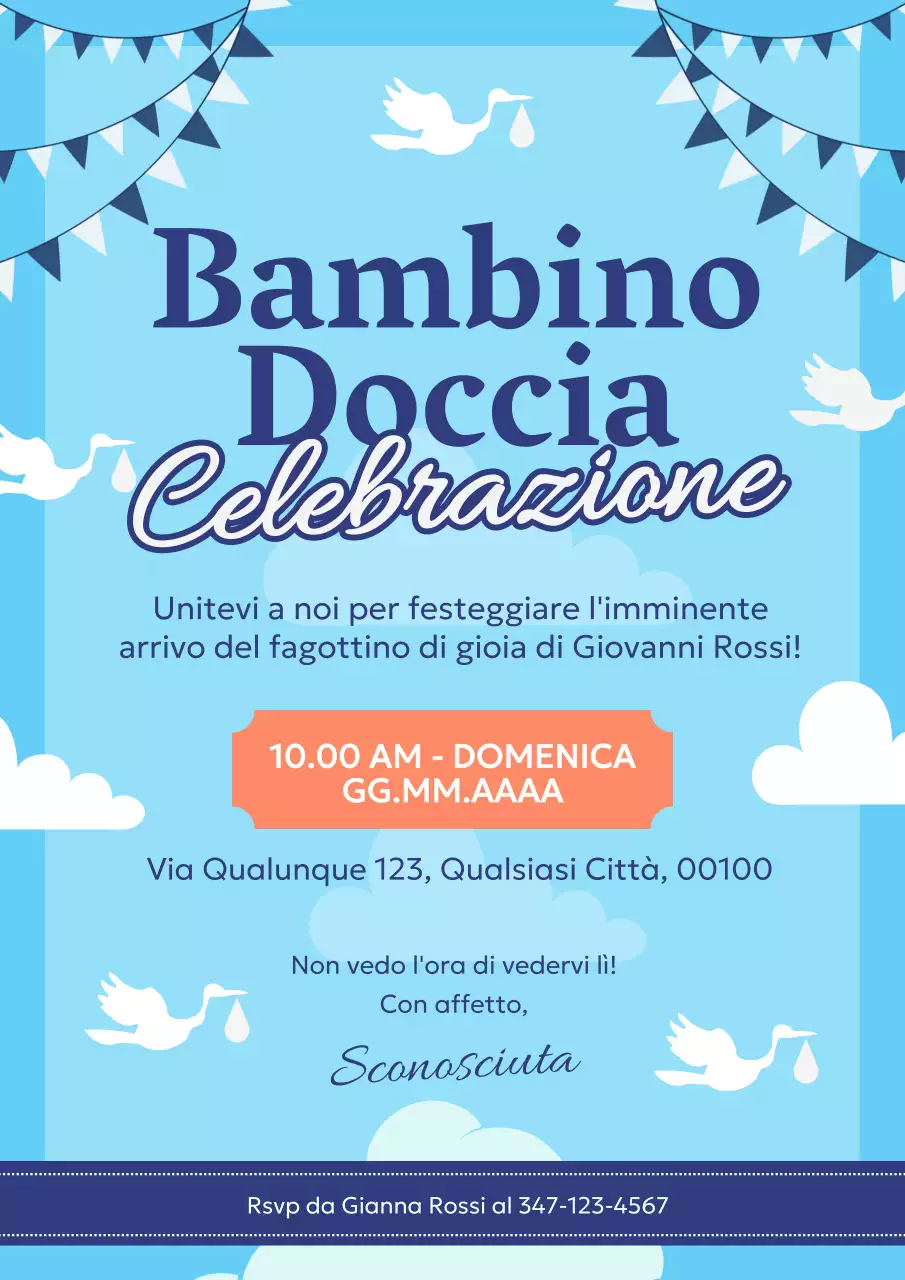 Biglietto d'invito alla festa del bebè moderno blu cielo