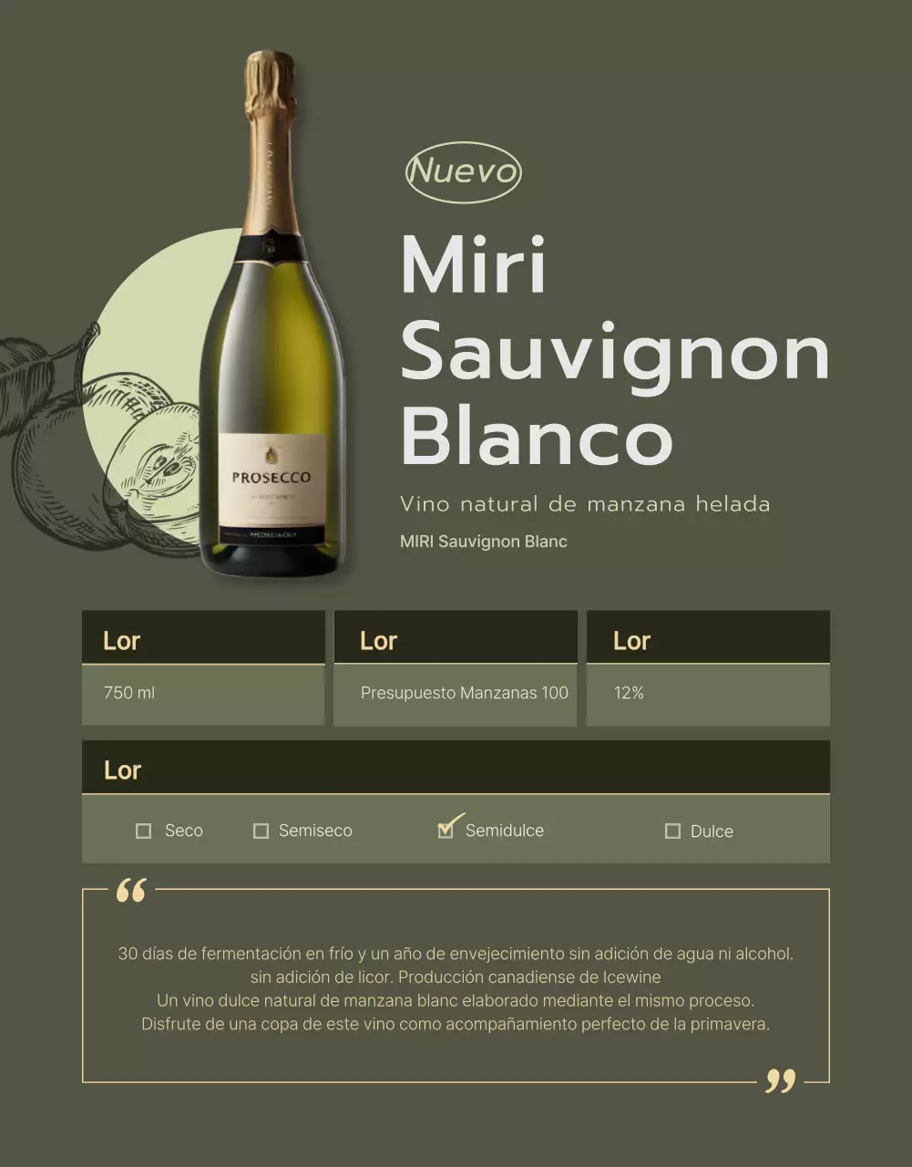 Promover descripciones de vinos finos en chartreuse y caqui