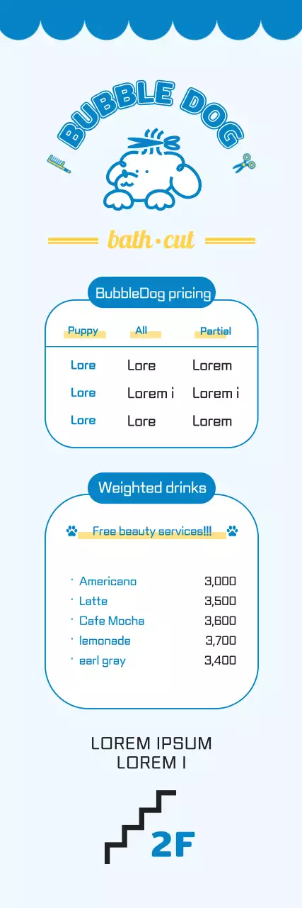 2024 Conceção de uma faixa de orientação com uma lista de preços de um salão de beleza para animais de estimação utilizando uma ilustração de um cachorro e um tipo de letra bonito para uma creche para cães