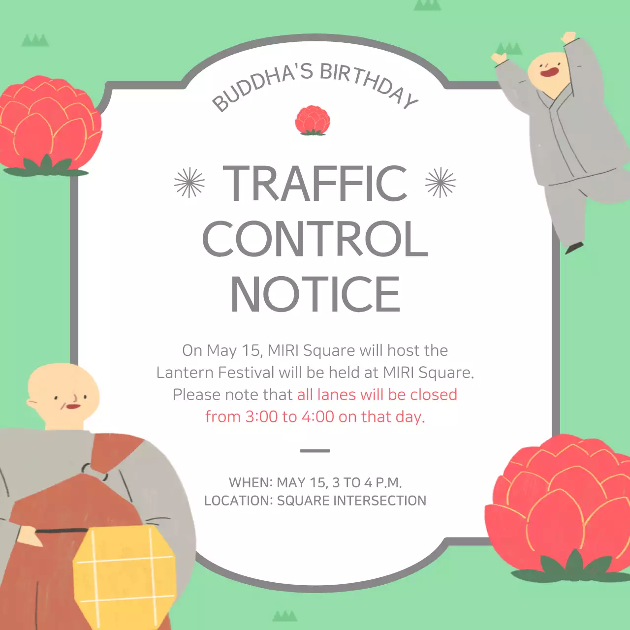회색과 연두색의 심플한 부처님 오신날 교통 통제 공지