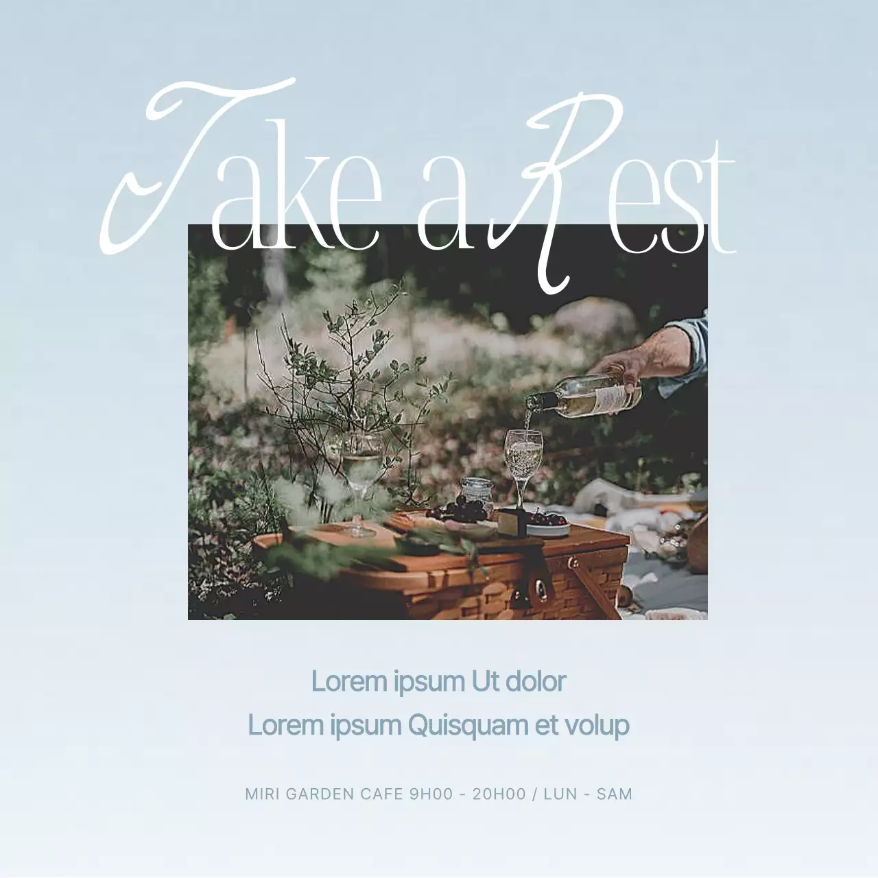 Faites la promotion des heures d'ouverture de votre café grâce à un design moderne bleu clair et blanc.