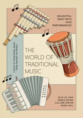 Modern traditional music festival advertising poster in beige and light blue
