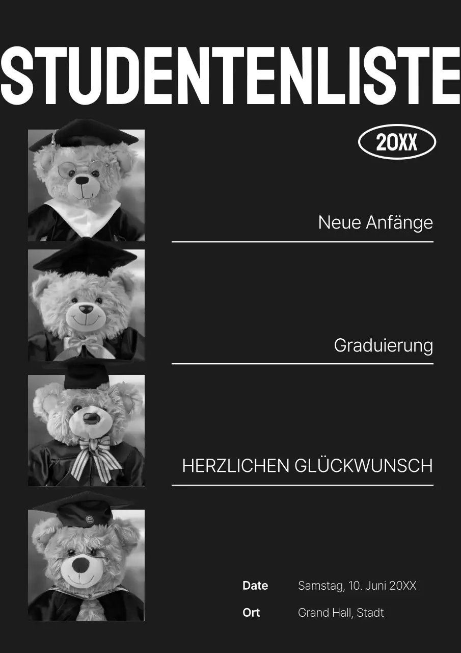 Kitschige Promotion für den Schulabschluss in Schwarz-Weiß und Schwarz