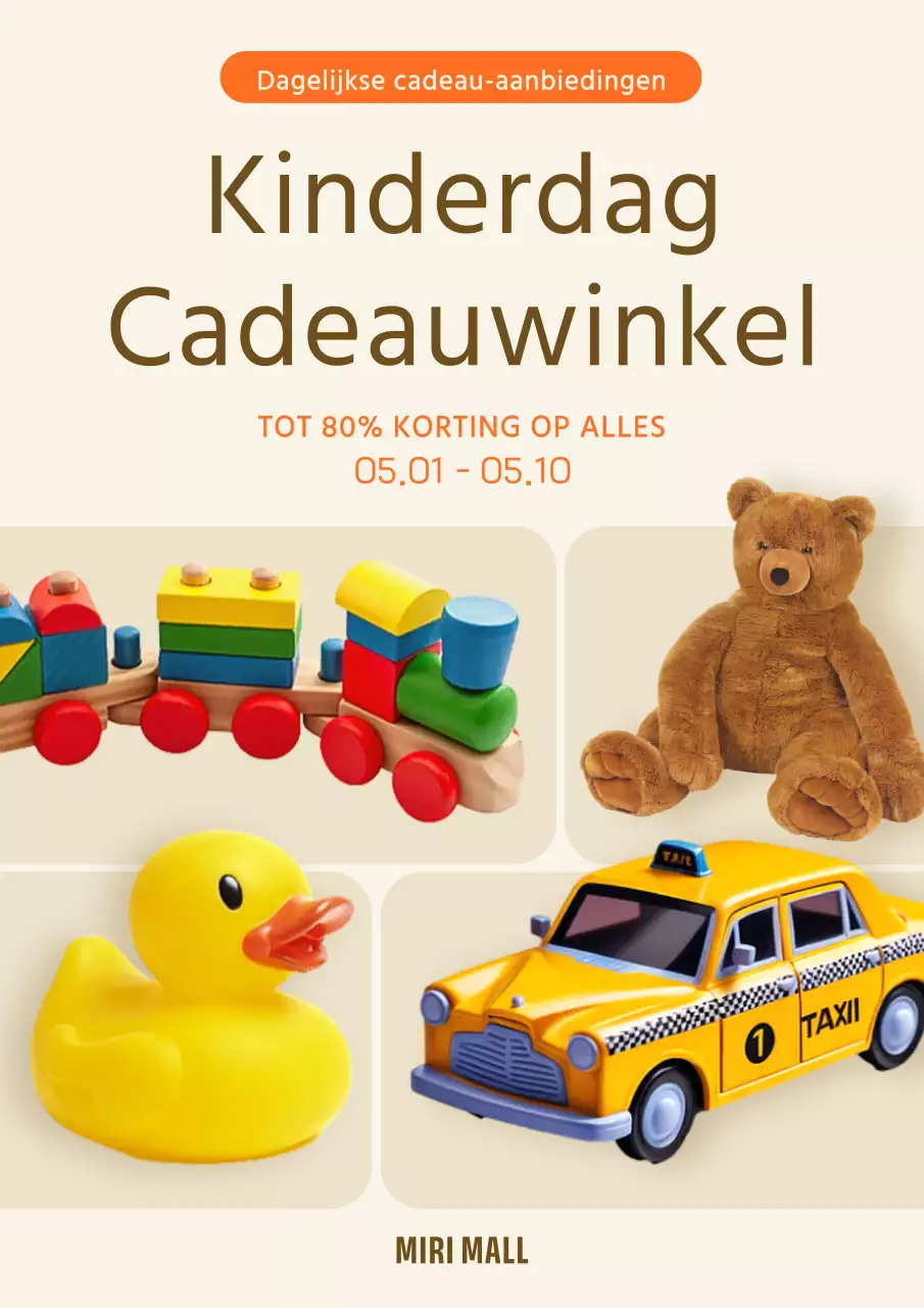 Een promotieposter voor een leuke gele speelgoedcadeaucollectie