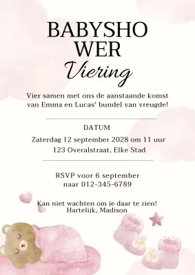 Uitnodiging voor een feestje voor roze en wit modern babymeisje
