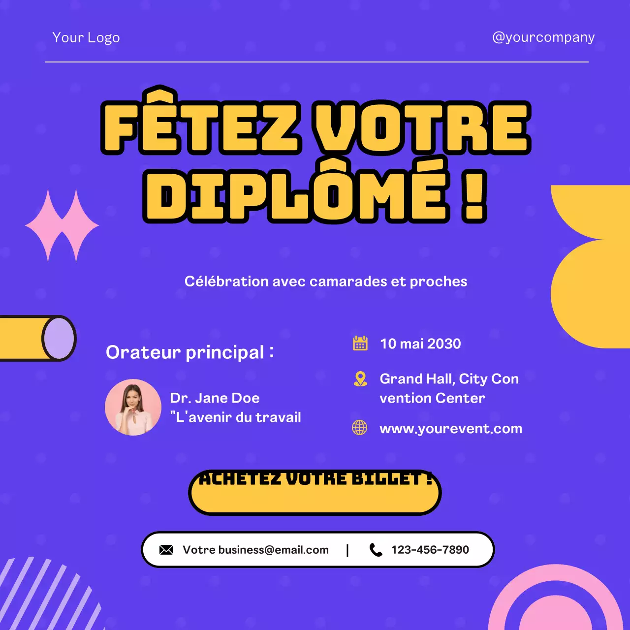 Publicité pour la saison des remises de diplômes en bleu et jaune