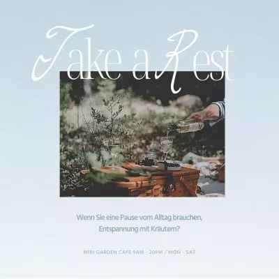 Bewerben Sie die Öffnungszeiten Ihres Cafés mit einem modernen Design in Hellblau und Weiß