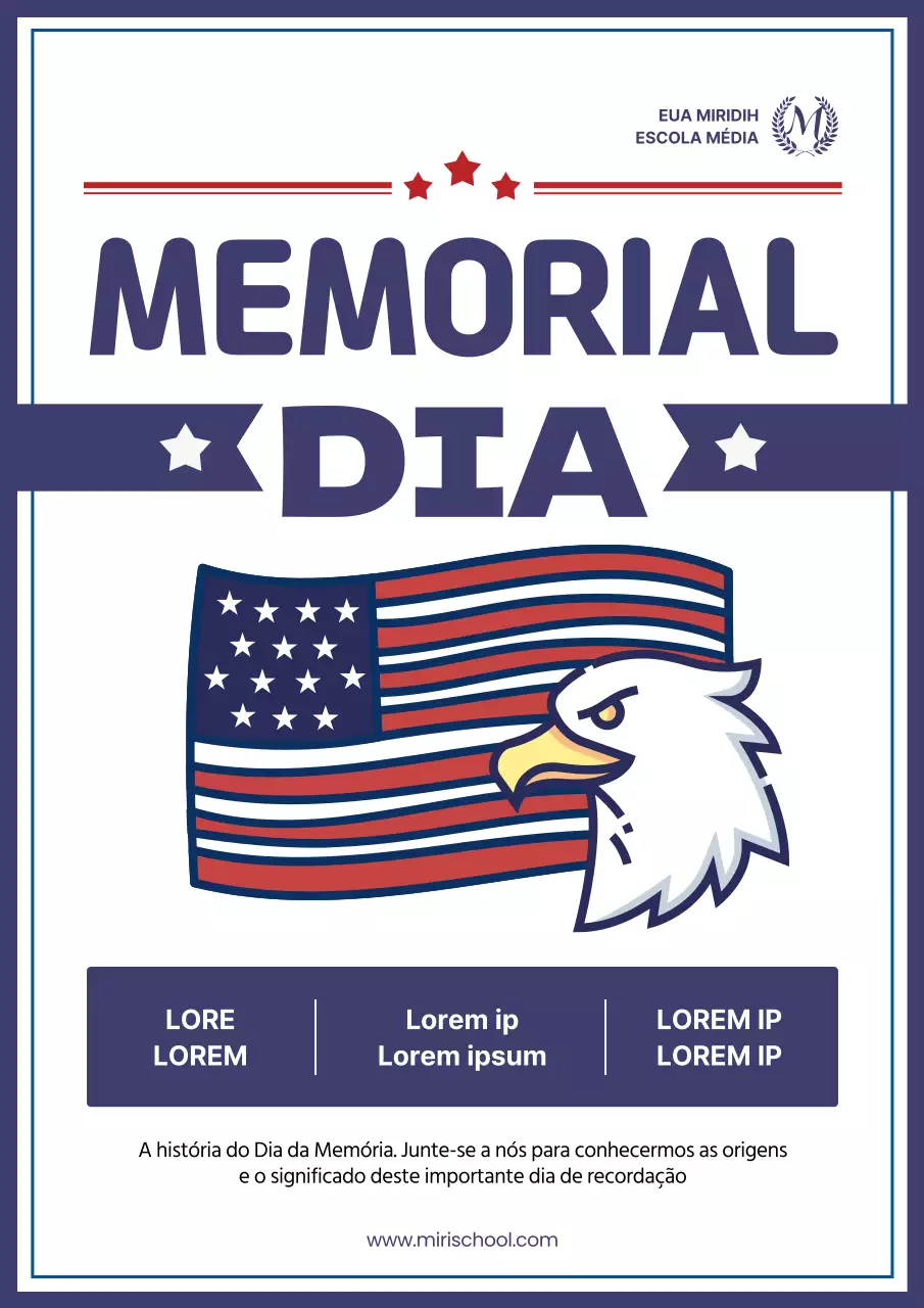 Anúncios simples de eventos escolares do Memorial Day em azul-marinho e vermelho