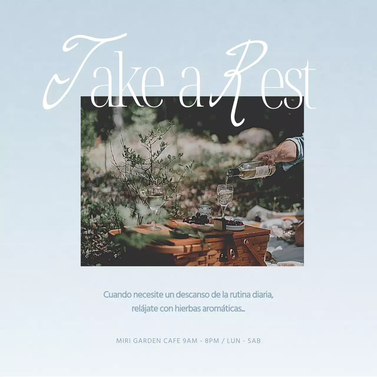 Promocione el horario de apertura de su cafetería con un moderno diseño en azul claro y blanco