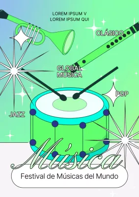 Un moderno cartel promocional de un festival de música en azul claro y chartreuse.