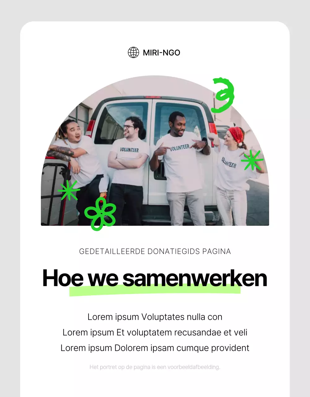 Eenvoudige NGO sponsorinformatie in wit en fluorescerende kleuren