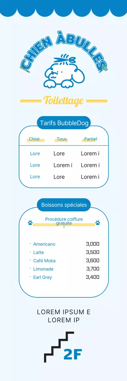 2024 Conception d'une bannière d'orientation avec une liste de prix d'un salon de toilettage pour animaux de compagnie utilisant une illustration de chiot et une police de caractères mignonne pour une garderie pour chiens.