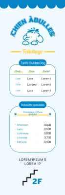 2024 Conception d'une bannière d'orientation avec une liste de prix d'un salon de toilettage pour animaux de compagnie utilisant une illustration de chiot et une police de caractères mignonne pour une garderie pour chiens.