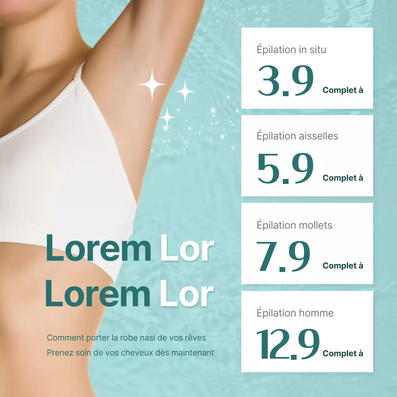 Publicité pour un événement estival en dermatologie sur fond bleu clair