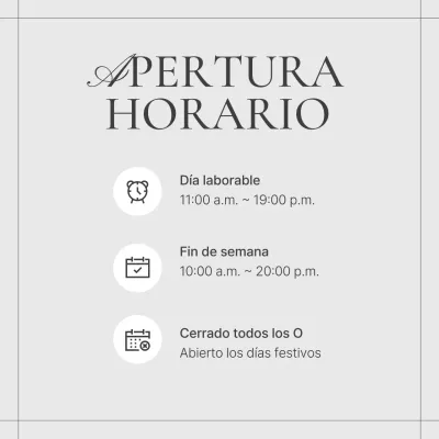 Un simple feed de marketing con horarios de apertura en beige y marfil
