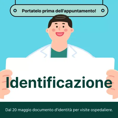 L'ospedale moderno, di colore verde e azzurro, ricorda di portare con sé il documento di identità civile per visitare l'ospedale.
