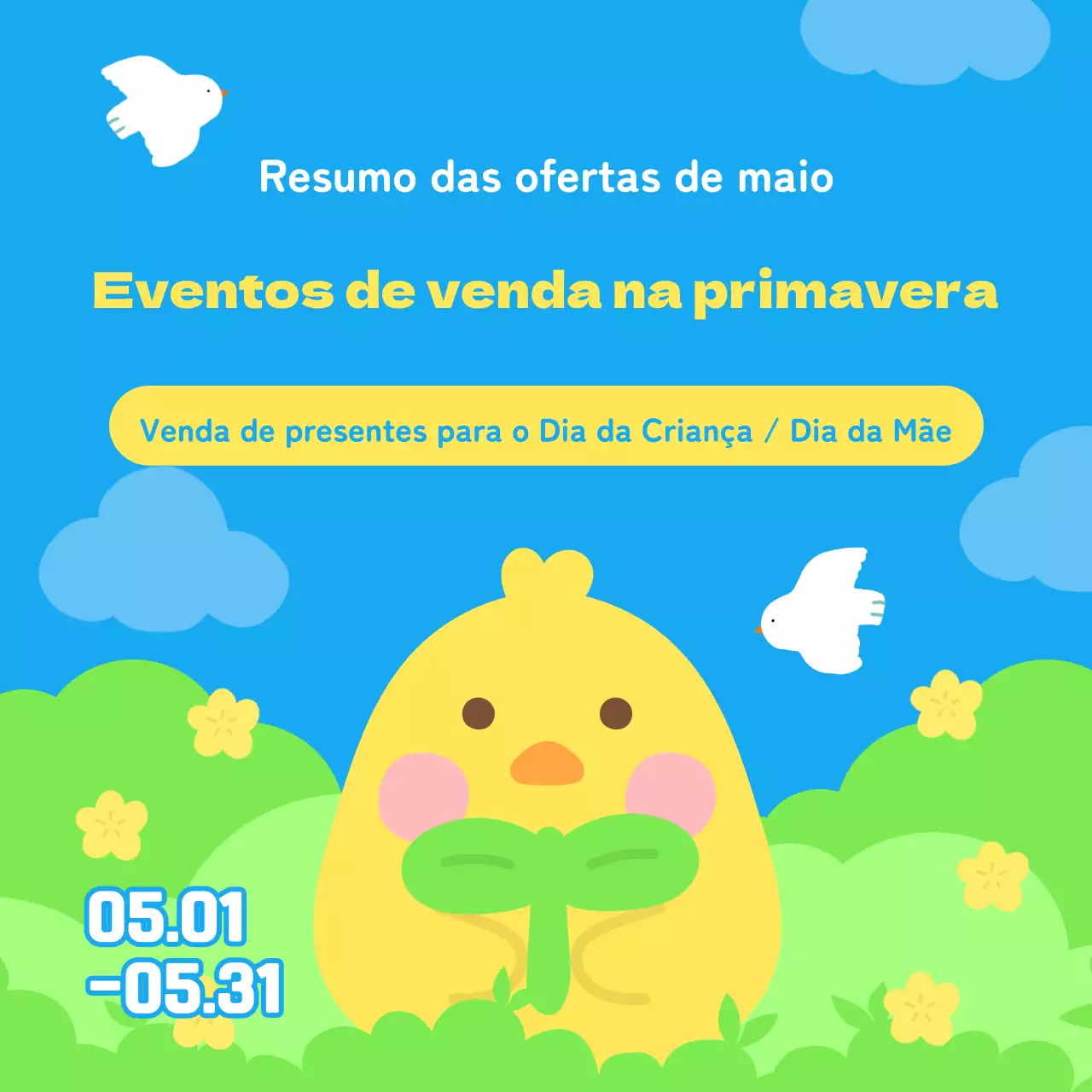 Um bonito anúncio de saldos de maio em azuis e amarelos claros