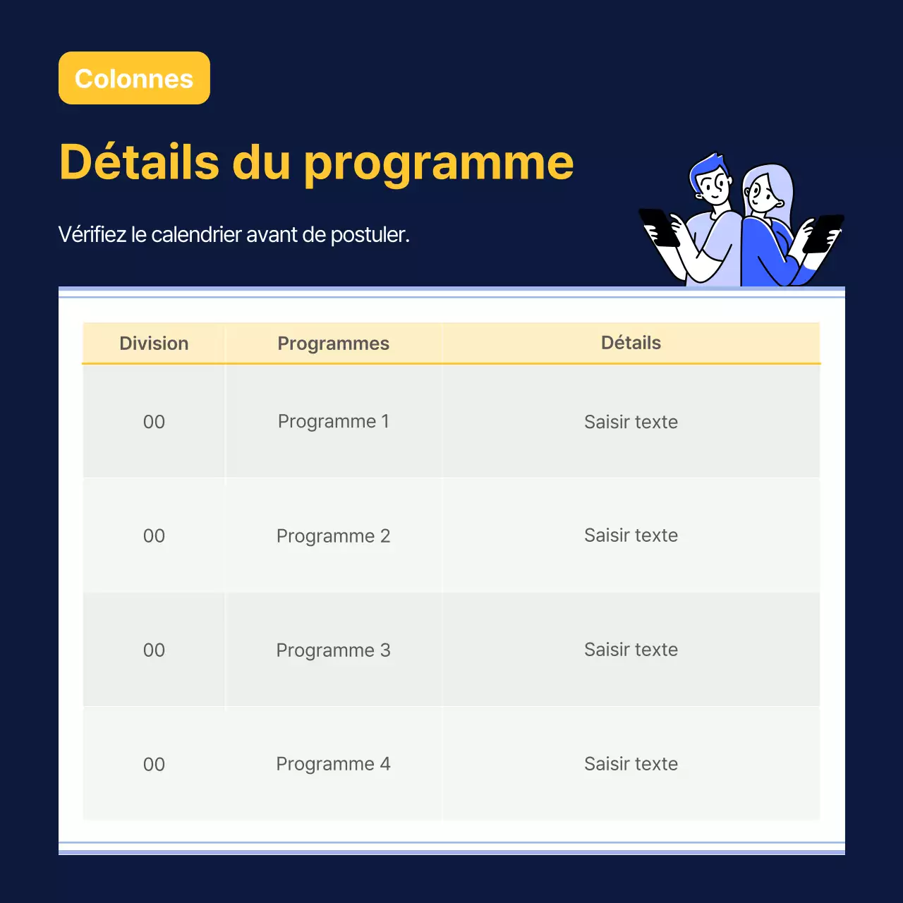 Annonces avec une table simple en bleu marine et jaune