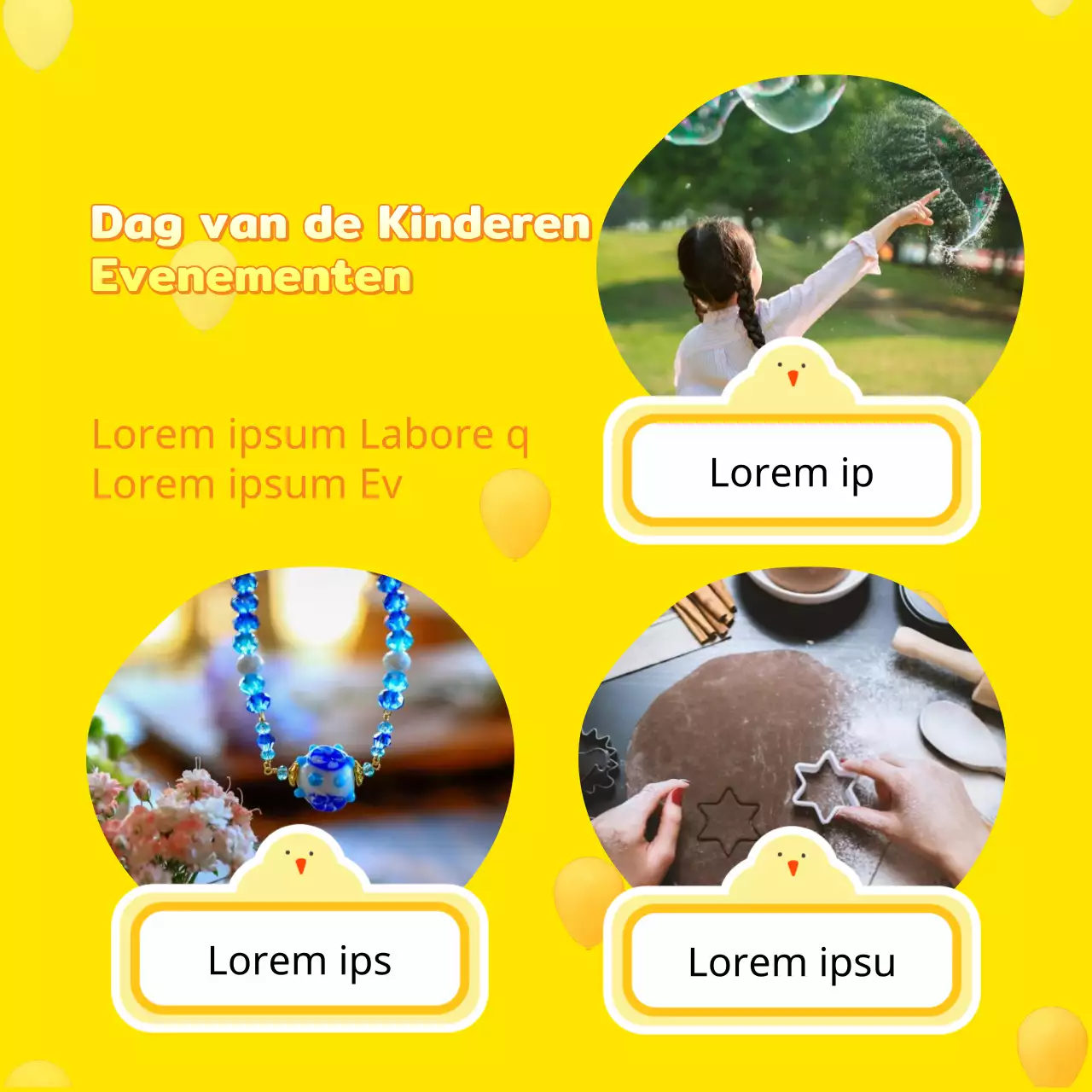 Maak reclame voor een mooi geel en groen Kinderdag evenement