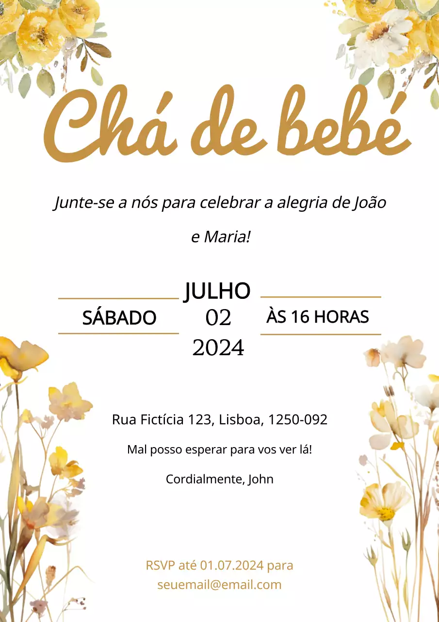 Convite de chá de bebé natural amarelo