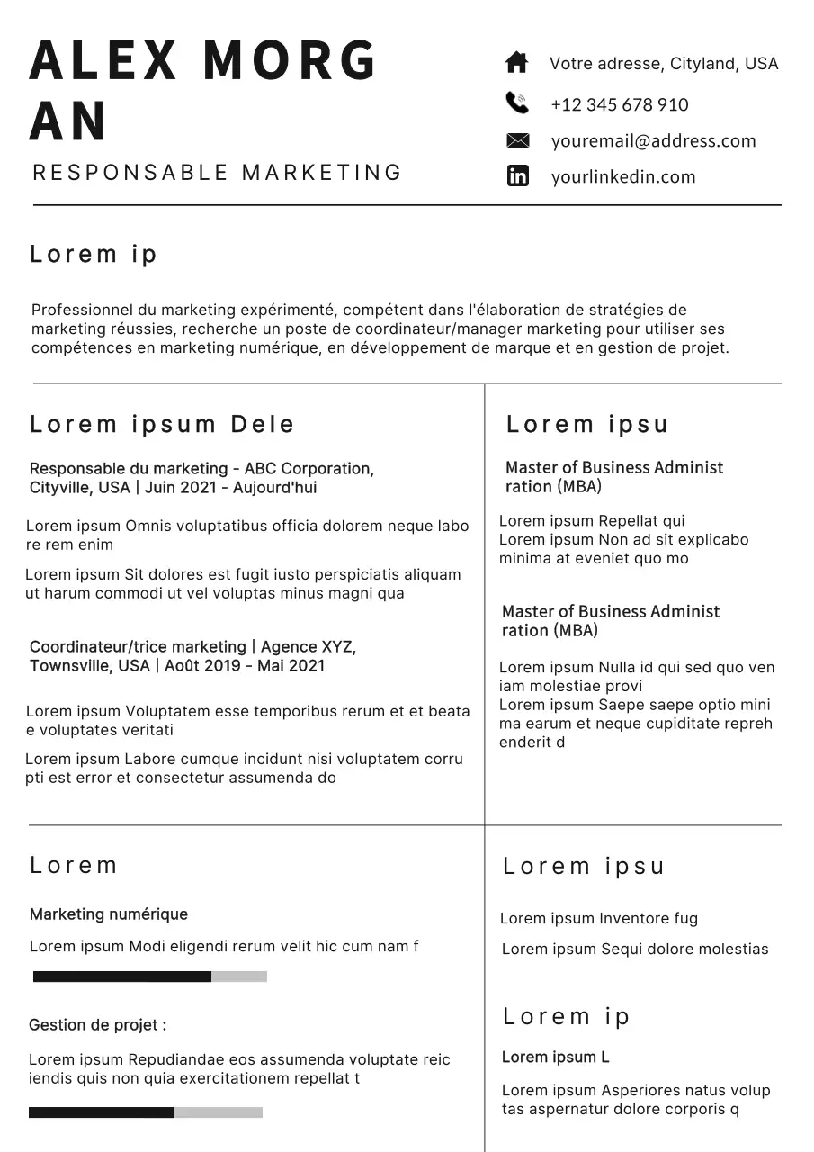 Portefeuille d'un responsable marketing simple, blanc et noir