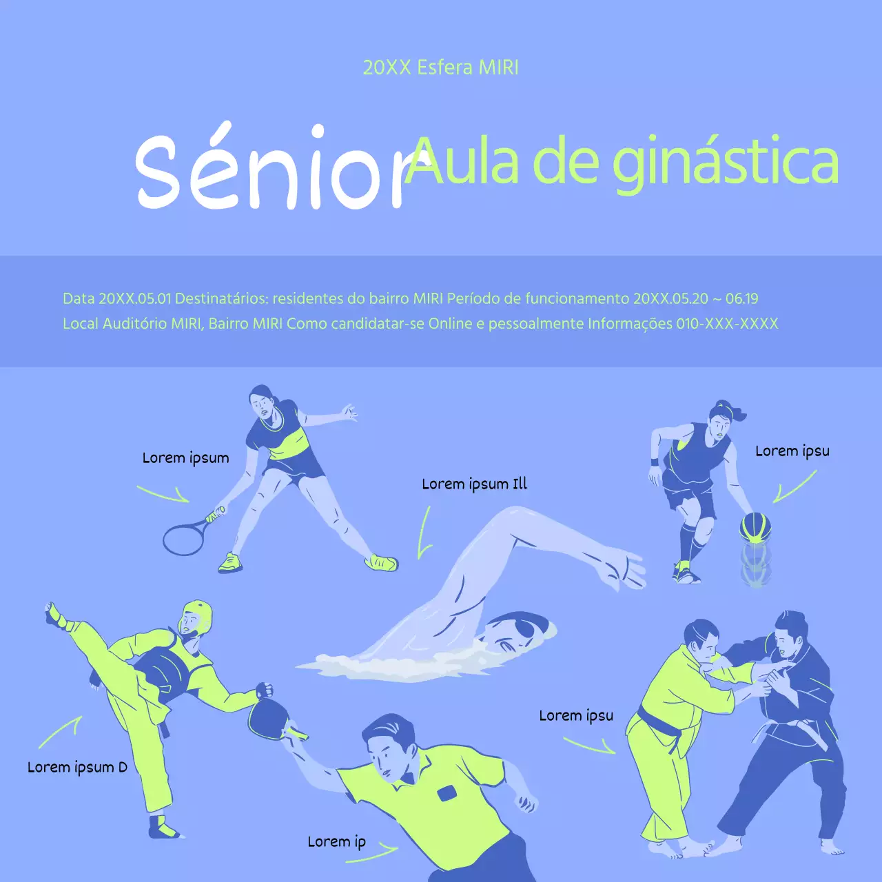Anúncio minimalista de aulas de ginástica para seniores em verde lima e azul
