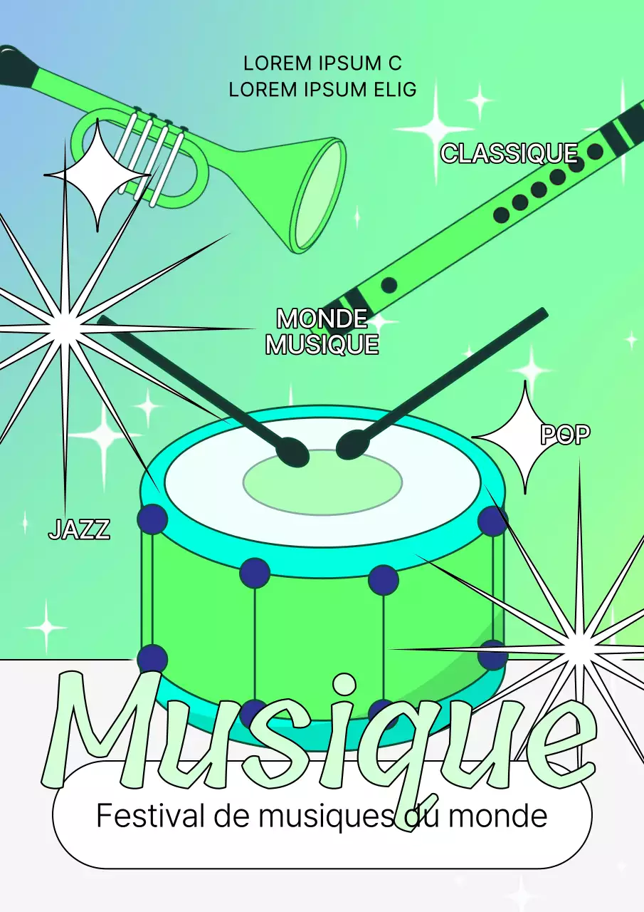 Affiche promotionnelle pour un festival de musique en bleu clair et chartreuse.