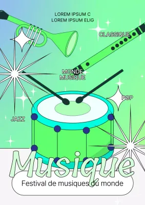 Affiche promotionnelle pour un festival de musique en bleu clair et chartreuse.