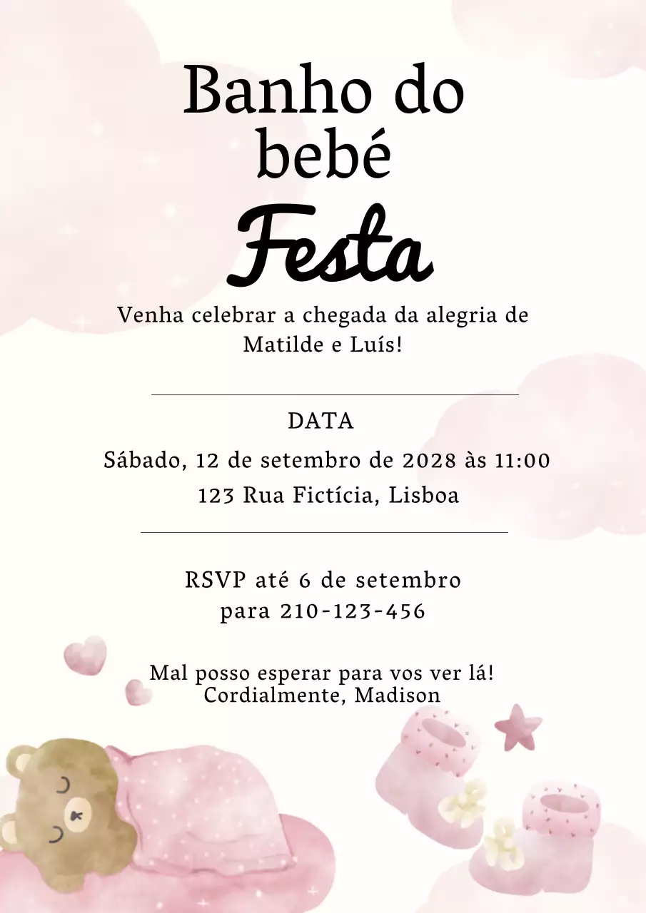 Convite para festa de chás de bebé de menina moderna em rosa e branco