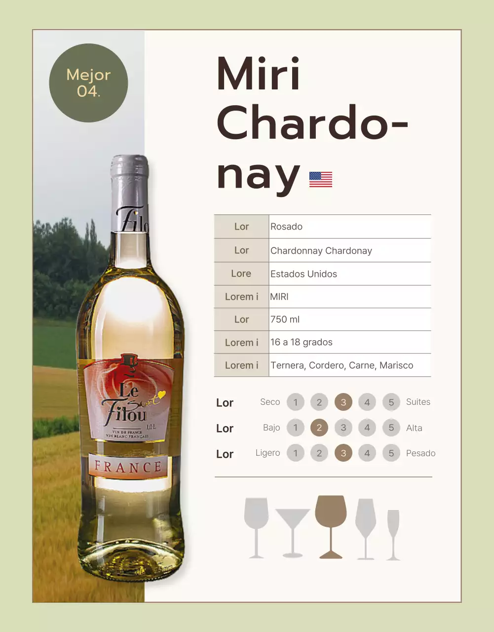 Promover descripciones de vinos finos en chartreuse y caqui