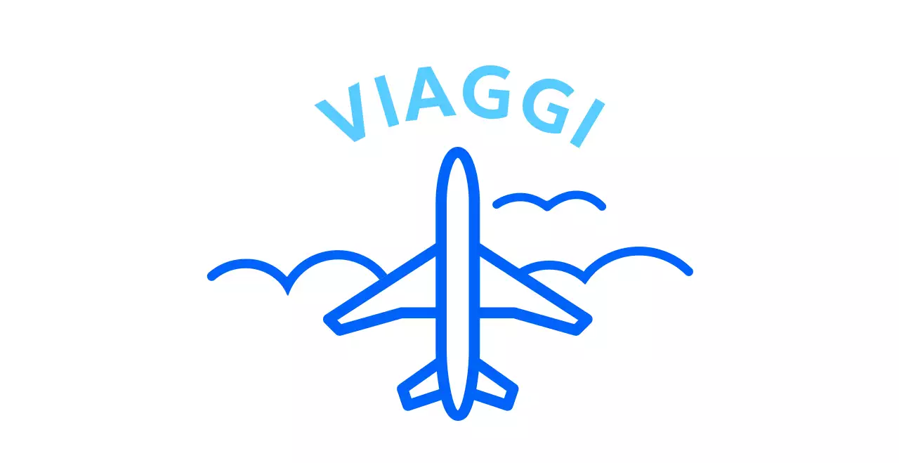 Semplice agenzia di viaggi in blu freddo con illustrazioni di aerei e nuvole