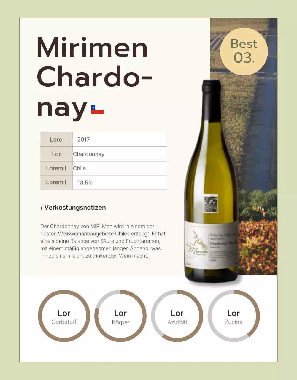 Förderung feiner Weinbeschreibungen in Chartreuse und Khaki