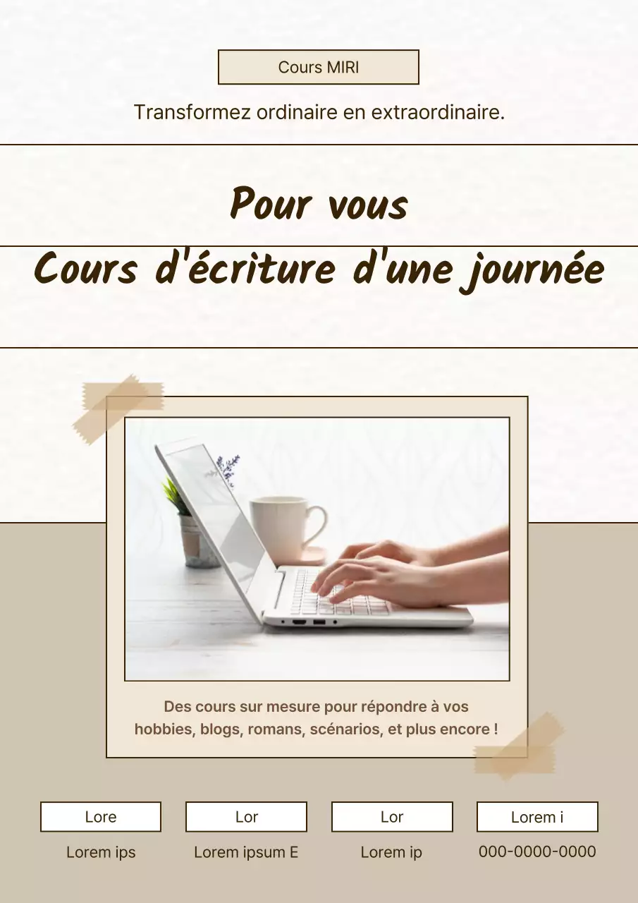 Affiche promotionnelle du cours d'écriture simple en beige et ivoire