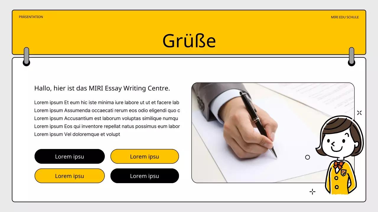 Ein einfacher gelber und schwarzer Schulprospekt zum Aufsatzschreiben